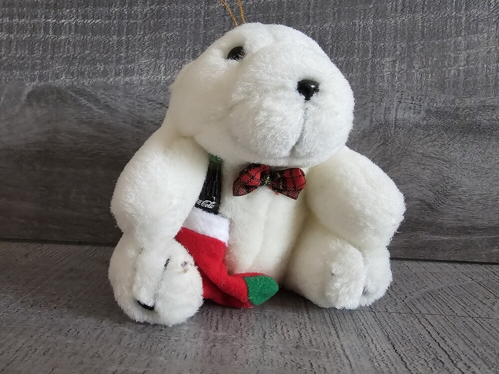 Coca Cola Bear Plush Ornament 1997 Polar Bear w/ Coke Bottle Bow Tie & Stocking